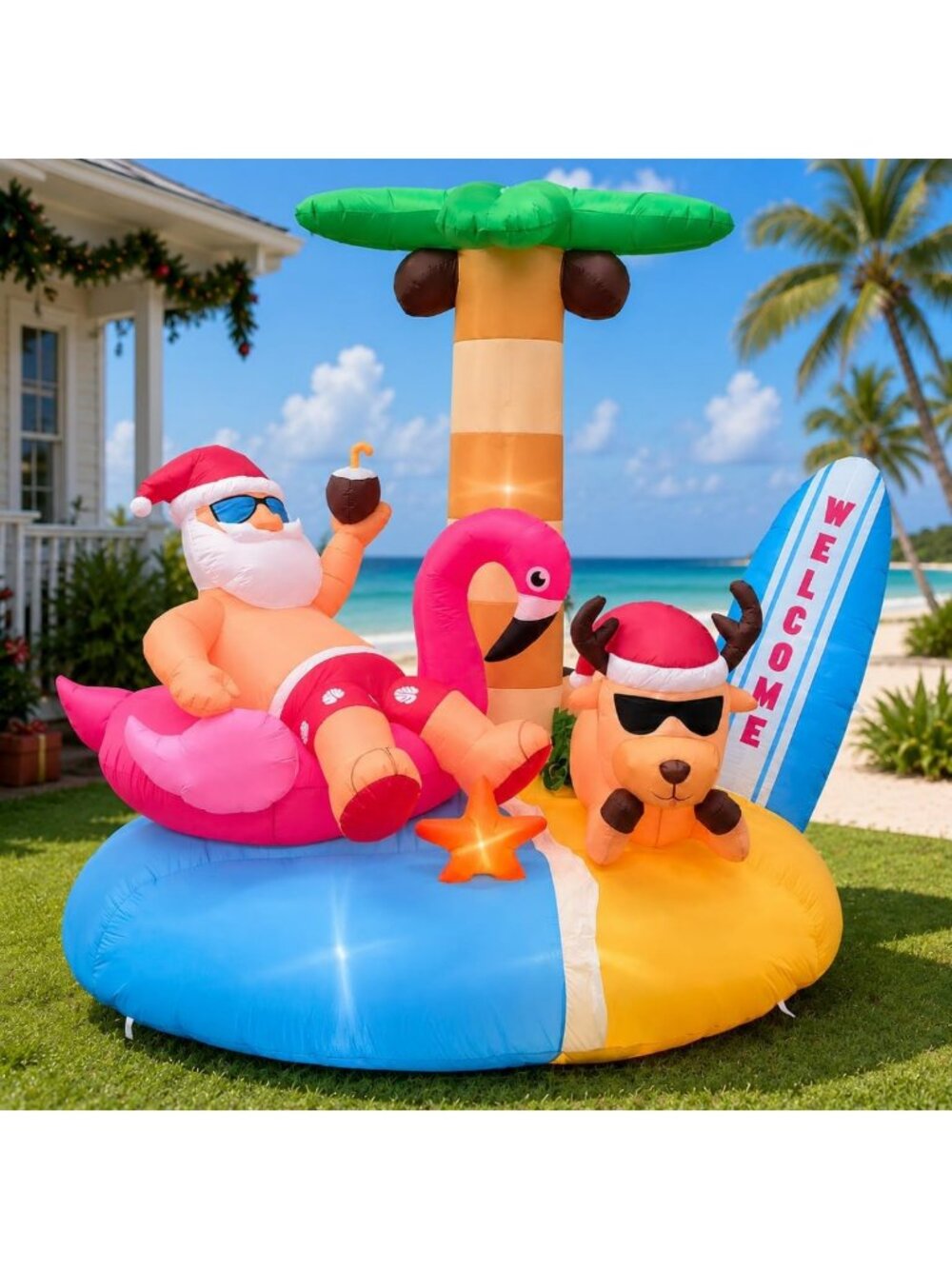 6.8FT Inflatable Santa on Flamingo Float - Summer Christmas Yard Decor with LED